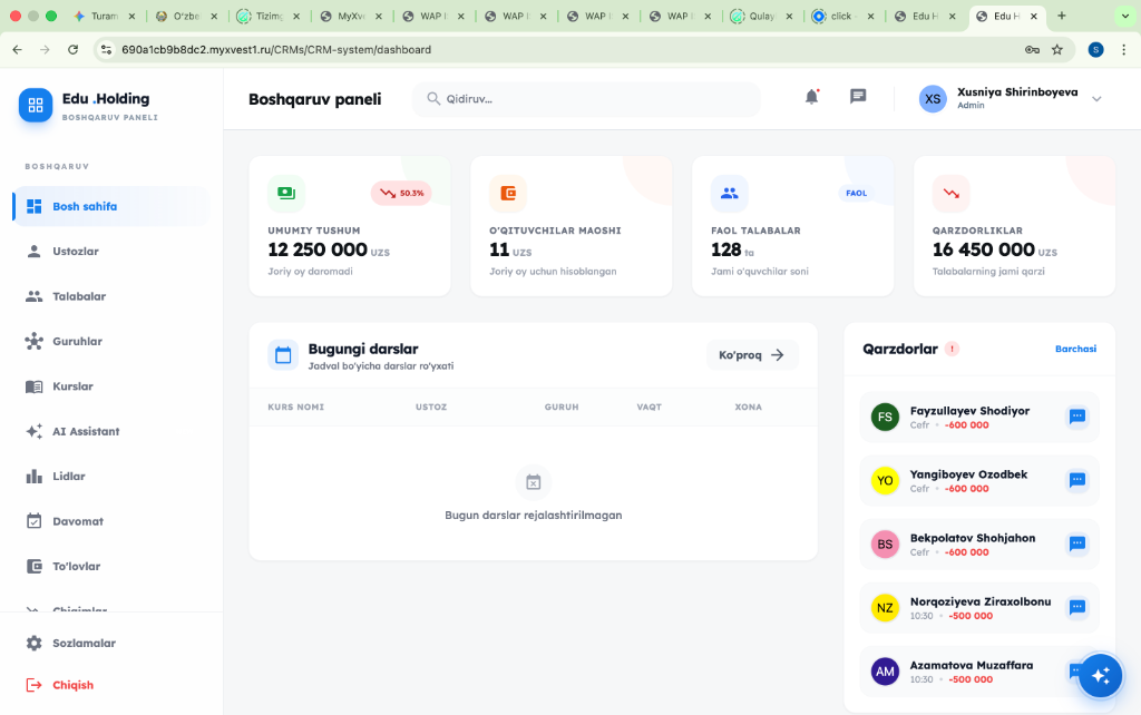 Edu Holding CRM – Boshqaruv paneli